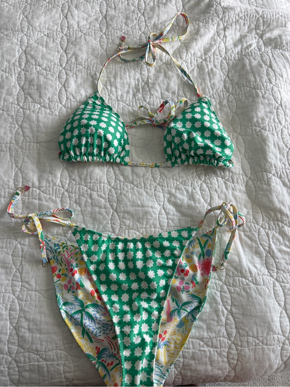Roller Rabbit Green Floral Tie Bikini Set with Multicolor Accents